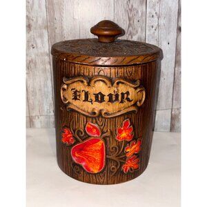 Treasure Craft Flour Pear Ceramic Canister Woodgrain Lid USA Vintage Storage
